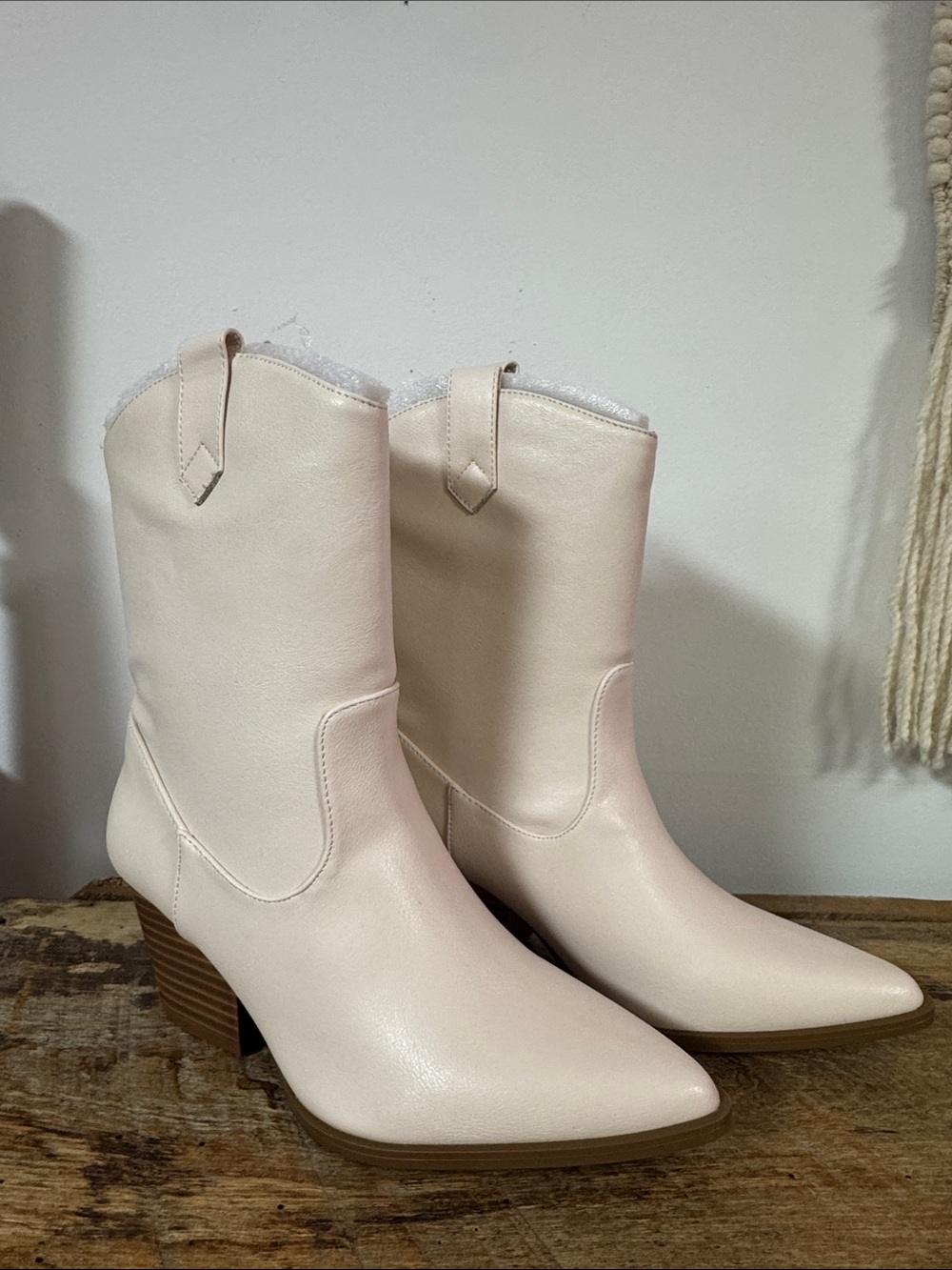 Qupid Cream Western-Style Mid-Calf Heeled Boots